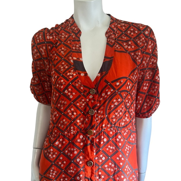 Anthropologie Moulinette Soeurs Silk Shirt Dress Button Up VNeck Size 12 Red - Picture 2 of 9